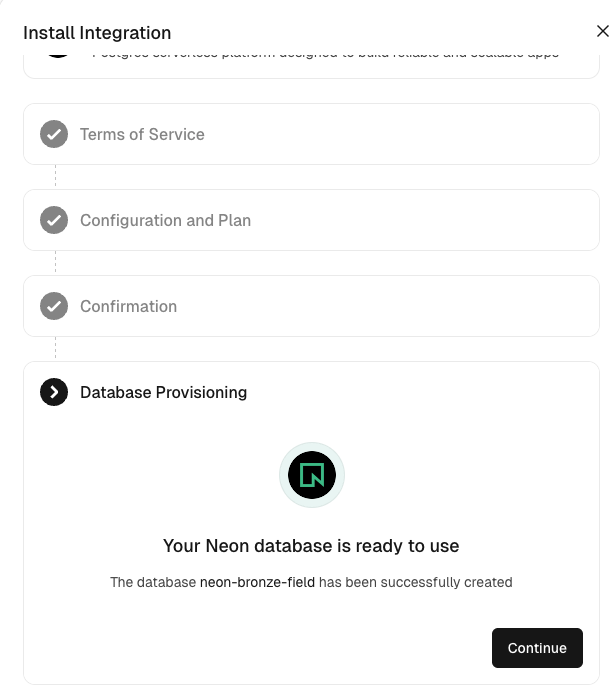 Neonデータベース作成完了画面